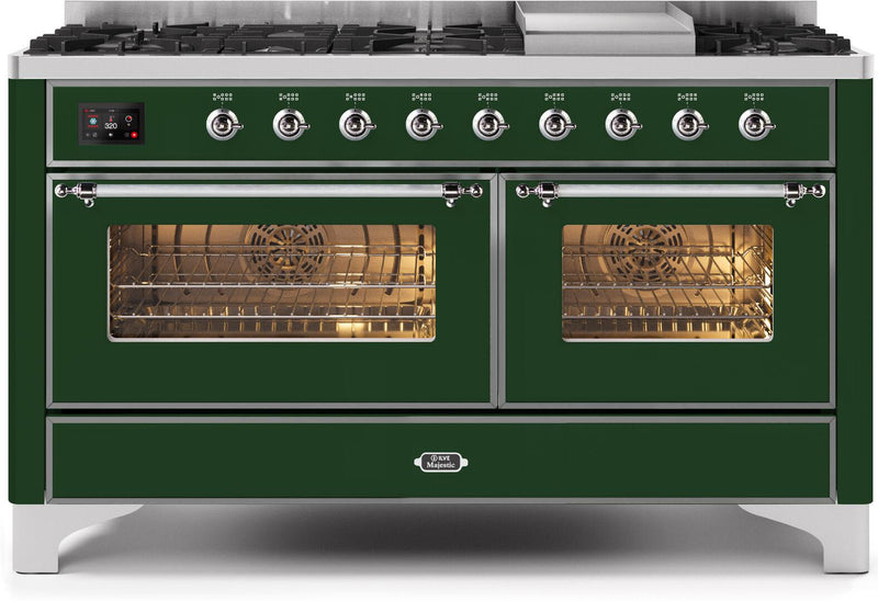 ILVE 60" Majestic II Dual Fuel Range with 9 Sealed Burners and Griddle - 5.8 cu. ft. Oven - Chrome Trim in Emerald Green (UM15FDNS3EGC)