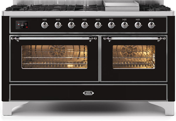 ILVE 60" Majestic II Dual Fuel Range with 9 Sealed Burners and Griddle - 5.8 cu. ft. Oven - Chrome Trim in Glossy Black (UM15FDNS3BKC)