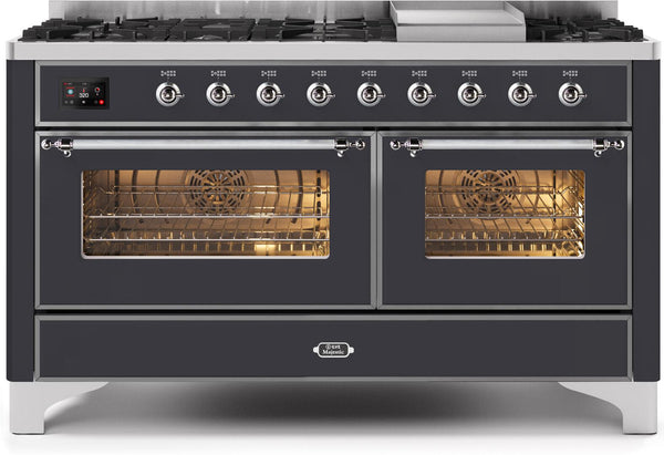 ILVE 60" Majestic II Dual Fuel Range with 9 Sealed Burners and Griddle - 5.8 cu. ft. Oven - Chrome Trim in Matte Graphite (UM15FDNS3MGC)