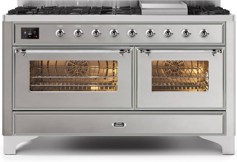 ILVE 60" Majestic II Dual Fuel Range with 9 Sealed Burners and Griddle - 5.8 cu. ft. Oven - Chrome Trim in Stainless Steel (UM15FDNS3SSC)