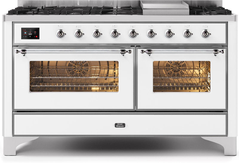 ILVE 60" Majestic II Dual Fuel Range with 9 Sealed Burners and Griddle - 5.8 cu. ft. Oven - Chrome Trim in White (UM15FDNS3WHC)