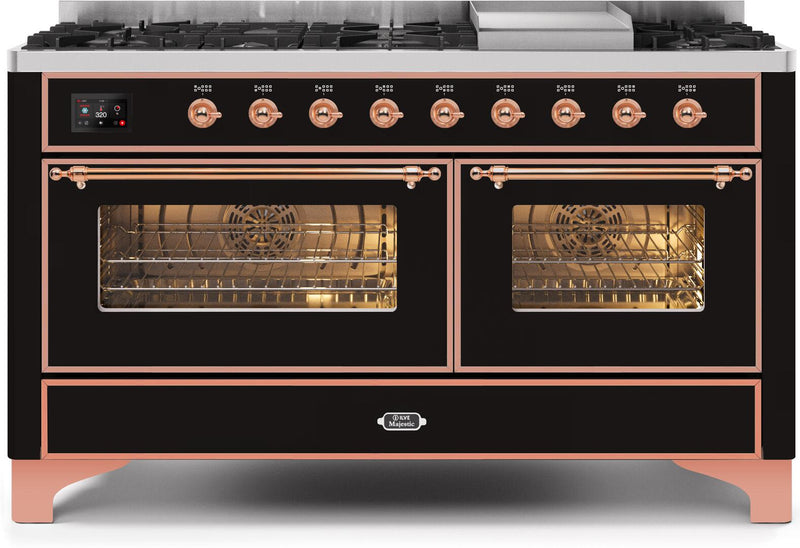 ILVE 60" Majestic II Dual Fuel Range with 9 Sealed Burners and Griddle - 5.8 cu. ft. Oven - Copper Trim in Glossy Black (UM15FDNS3BKP)