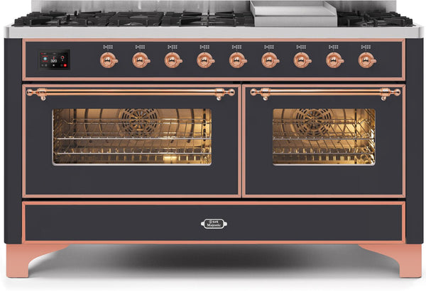 ILVE 60" Majestic II Dual Fuel Range with 9 Sealed Burners and Griddle - 5.8 cu. ft. Oven - Copper Trim in Matte Graphite (UM15FDNS3MGP)