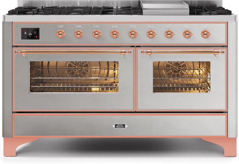 ILVE 60" Majestic II Dual Fuel Range with 9 Sealed Burners and Griddle - 5.8 cu. ft. Oven - Copper Trim in Stainless Steel (UM15FDNS3SSP)