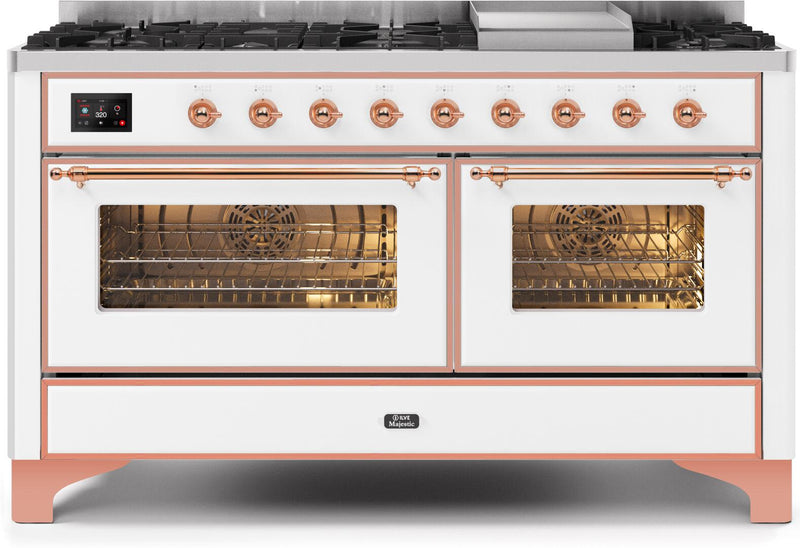 ILVE 60" Majestic II Dual Fuel Range with 9 Sealed Burners and Griddle - 5.8 cu. ft. Oven - Copper Trim in White (UM15FDNS3WHP)