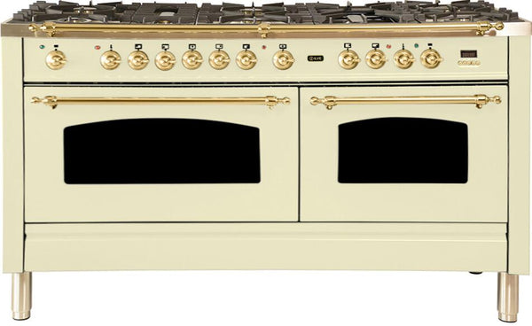 ILVE 60" Nostalgie - Dual Fuel Range with 8 Sealed Burners - 5.99 cu. ft. Oven - Griddle with Brass Trim in Antique White (UPN150FDMPA)