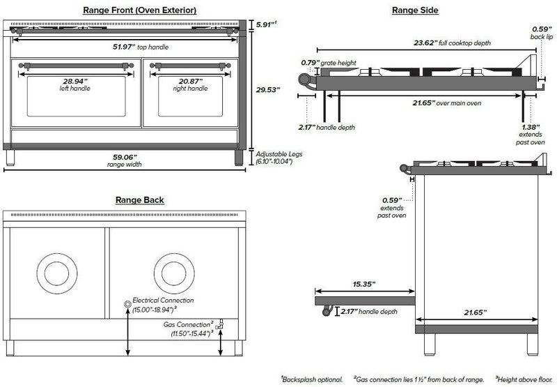 ILVE 60" Nostalgie - Dual Fuel Range with 8 Sealed Burners - 5.99 cu. ft. Oven - Griddle with Brass Trim in Blue (UPN150FDMPBL)