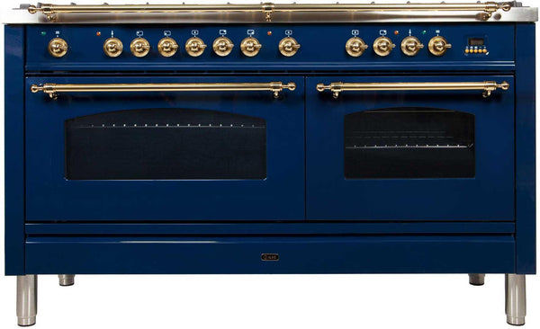 ILVE 60" Nostalgie - Dual Fuel Range with 8 Sealed Burners - 5.99 cu. ft. Oven - Griddle with Brass Trim in Blue (UPN150FDMPBL)