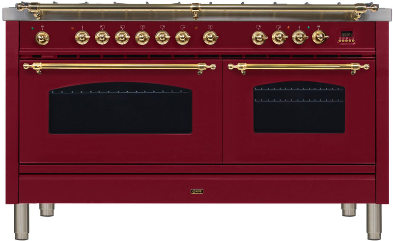 ILVE 60" Nostalgie - Dual Fuel Range with 8 Sealed Burners - 5.99 cu. ft. Oven - Griddle with Brass Trim in Burgundy (UPN150FDMPRB)