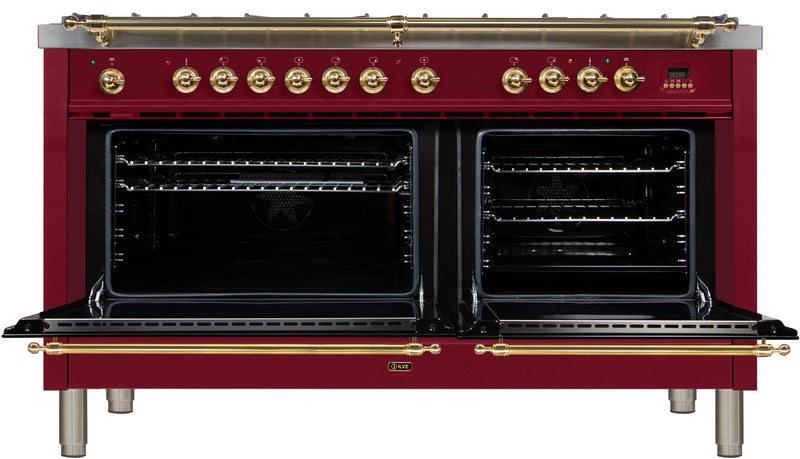 ILVE 60" Nostalgie - Dual Fuel Range with 8 Sealed Burners - 5.99 cu. ft. Oven - Griddle with Brass Trim in Burgundy (UPN150FDMPRB)