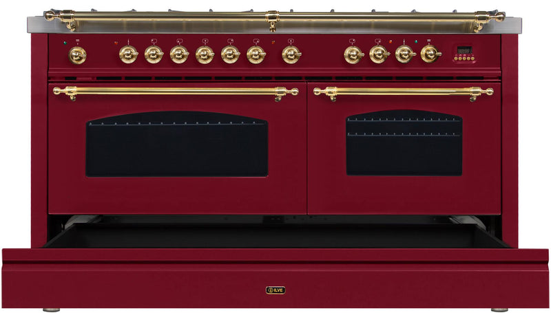 ILVE 60" Nostalgie - Dual Fuel Range with 8 Sealed Burners - 5.99 cu. ft. Oven - Griddle with Brass Trim in Burgundy (UPN150FDMPRB)