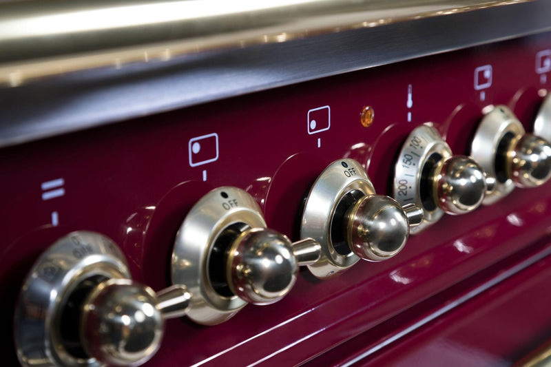 ILVE 60" Nostalgie - Dual Fuel Range with 8 Sealed Burners - 5.99 cu. ft. Oven - Griddle with Brass Trim in Burgundy (UPN150FDMPRB)