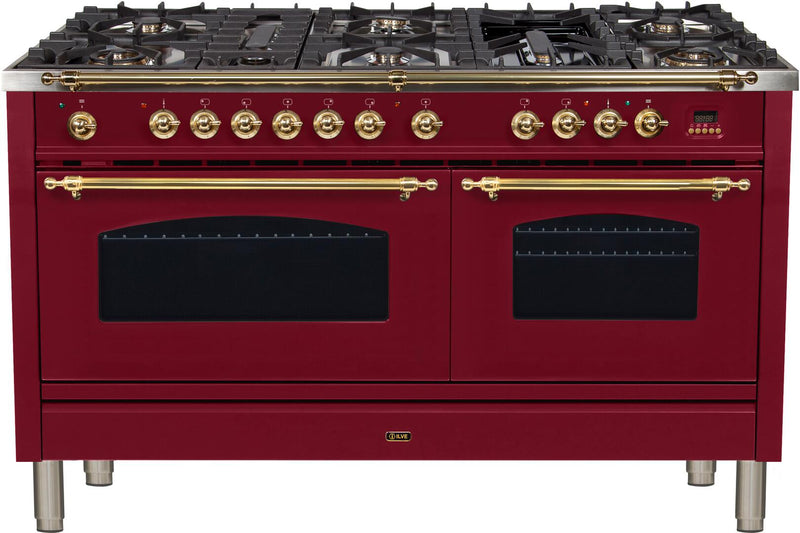 ILVE 60" Nostalgie - Dual Fuel Range with 8 Sealed Burners - 5.99 cu. ft. Oven - Griddle with Brass Trim in Burgundy (UPN150FDMPRB)