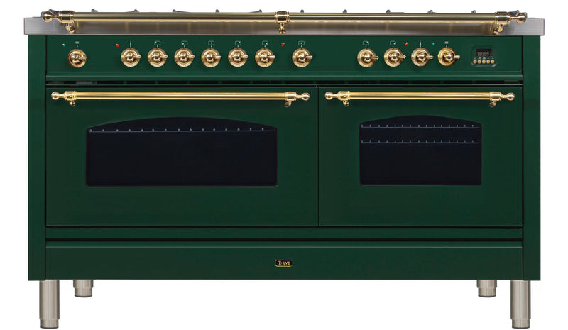 ILVE 60" Nostalgie - Dual Fuel Range with 8 Sealed Burners - 5.99 cu. ft. Oven - Griddle with Brass Trim in Emerald Green (UPN150FDMPVS)