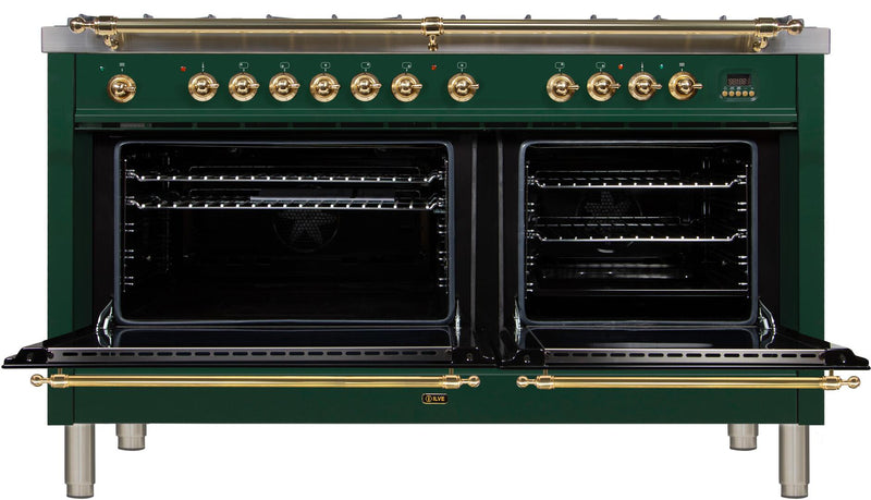 ILVE 60" Nostalgie - Dual Fuel Range with 8 Sealed Burners - 5.99 cu. ft. Oven - Griddle with Brass Trim in Emerald Green (UPN150FDMPVS)