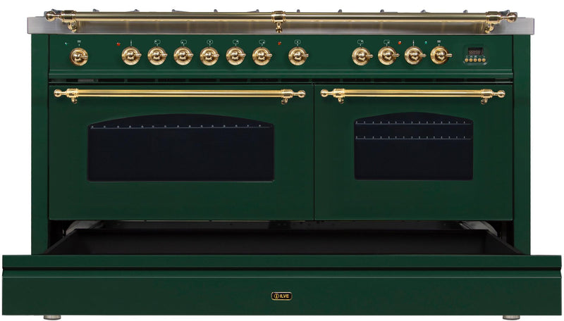 ILVE 60" Nostalgie - Dual Fuel Range with 8 Sealed Burners - 5.99 cu. ft. Oven - Griddle with Brass Trim in Emerald Green (UPN150FDMPVS)