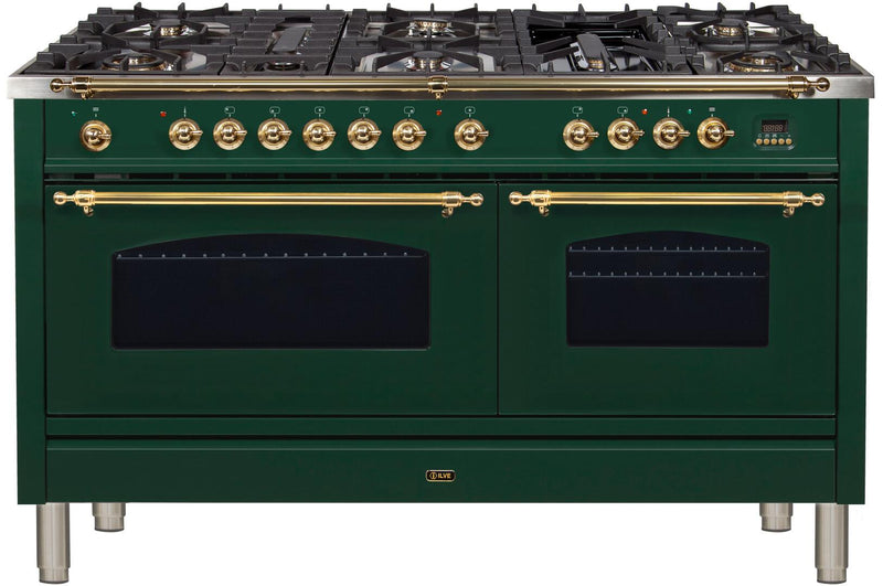 ILVE 60" Nostalgie - Dual Fuel Range with 8 Sealed Burners - 5.99 cu. ft. Oven - Griddle with Brass Trim in Emerald Green (UPN150FDMPVS)