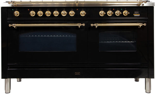 ILVE 60" Nostalgie - Dual Fuel Range with 8 Sealed Burners - 5.99 cu. ft. Oven - Griddle with Brass Trim in Glossy Black (UPN150FDMPN)