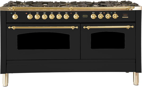 ILVE 60" Nostalgie - Dual Fuel Range with 8 Sealed Burners - 5.99 cu. ft. Oven - Griddle with Brass Trim in Matte Graphite (UPN150FDMPM)