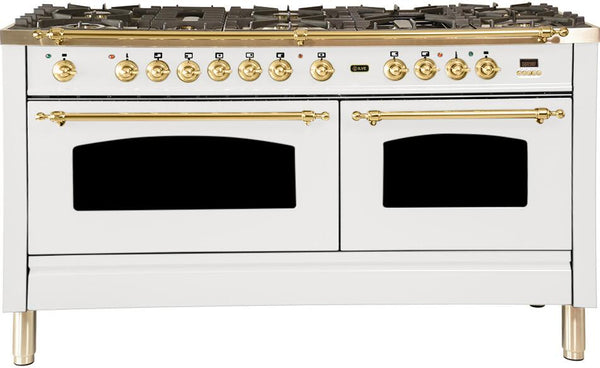 ILVE 60" Nostalgie - Dual Fuel Range with 8 Sealed Burners - 5.99 cu. ft. Oven - Griddle with Brass Trim in White (UPN150FDMPB)