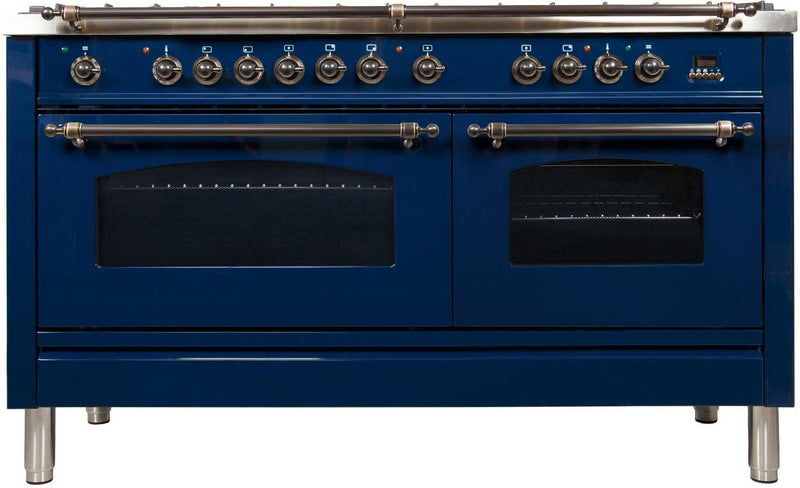 ILVE 60" Nostalgie - Dual Fuel Range with 8 Sealed Burners - 5.99 cu. ft. Oven - Griddle with Bronze Trim in Blue (UPN150FDMPBLY)