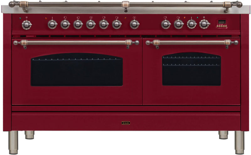 ILVE 60" Nostalgie - Dual Fuel Range with 8 Sealed Burners - 5.99 cu. ft. Oven - Griddle with Bronze Trim in Burgundy (UPN150FDMPRBY)