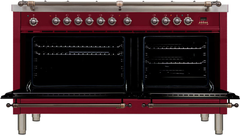 ILVE 60" Nostalgie - Dual Fuel Range with 8 Sealed Burners - 5.99 cu. ft. Oven - Griddle with Bronze Trim in Burgundy (UPN150FDMPRBY)