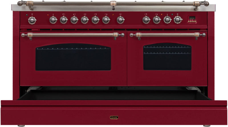 ILVE 60" Nostalgie - Dual Fuel Range with 8 Sealed Burners - 5.99 cu. ft. Oven - Griddle with Bronze Trim in Burgundy (UPN150FDMPRBY)