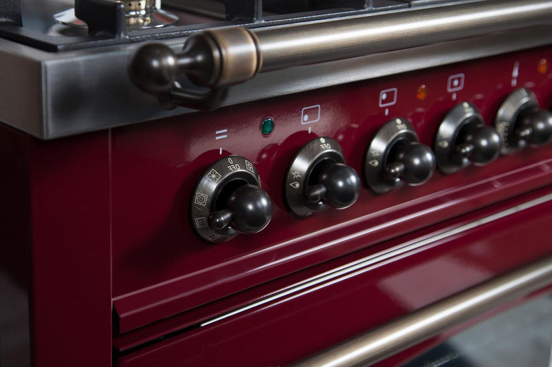 ILVE 60" Nostalgie - Dual Fuel Range with 8 Sealed Burners - 5.99 cu. ft. Oven - Griddle with Bronze Trim in Burgundy (UPN150FDMPRBY)