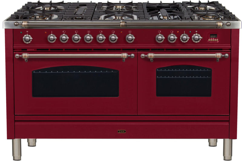 ILVE 60" Nostalgie - Dual Fuel Range with 8 Sealed Burners - 5.99 cu. ft. Oven - Griddle with Bronze Trim in Burgundy (UPN150FDMPRBY)