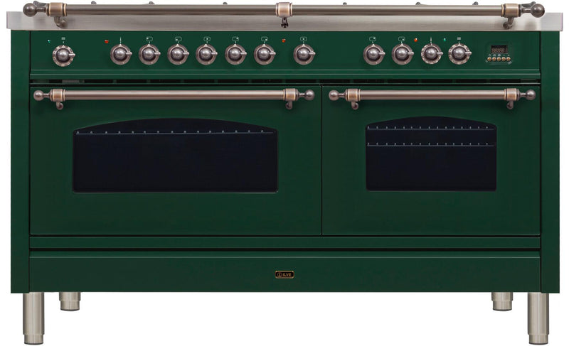 ILVE 60" Nostalgie - Dual Fuel Range with 8 Sealed Burners - 5.99 cu. ft. Oven - Griddle with Bronze Trim in Emerald Green (UPN150FDMPVSY)