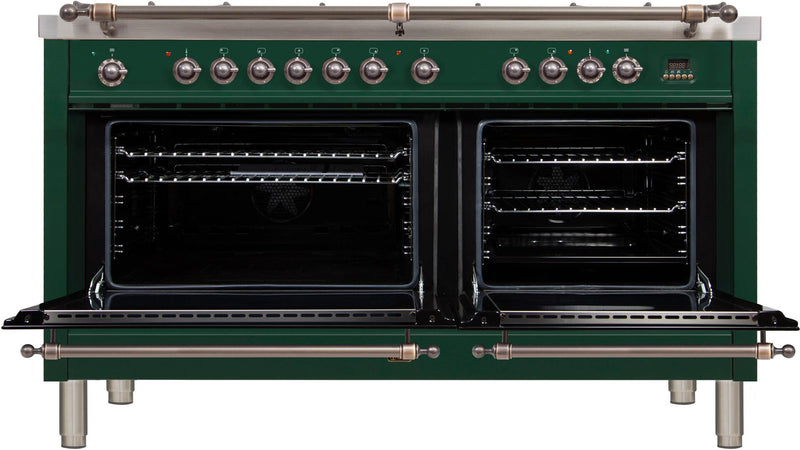 ILVE 60" Nostalgie - Dual Fuel Range with 8 Sealed Burners - 5.99 cu. ft. Oven - Griddle with Bronze Trim in Emerald Green (UPN150FDMPVSY)