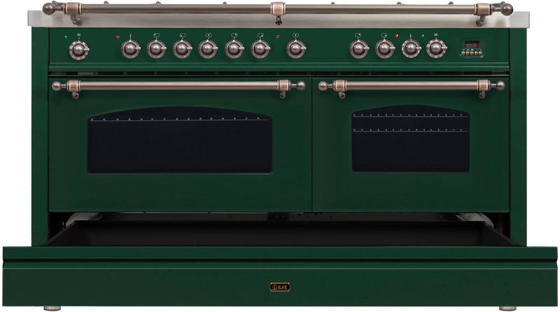 ILVE 60" Nostalgie - Dual Fuel Range with 8 Sealed Burners - 5.99 cu. ft. Oven - Griddle with Bronze Trim in Emerald Green (UPN150FDMPVSY)