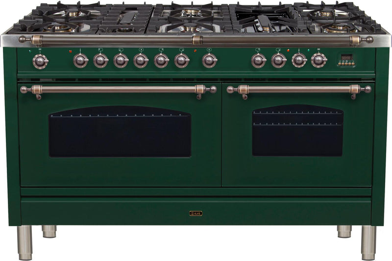 ILVE 60" Nostalgie - Dual Fuel Range with 8 Sealed Burners - 5.99 cu. ft. Oven - Griddle with Bronze Trim in Emerald Green (UPN150FDMPVSY)