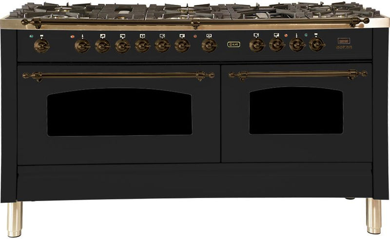 ILVE 60" Nostalgie - Dual Fuel Range with 8 Sealed Burners - 5.99 cu. ft. Oven - Griddle with Bronze Trim in Glossy Black (UPN150FDMPNY)