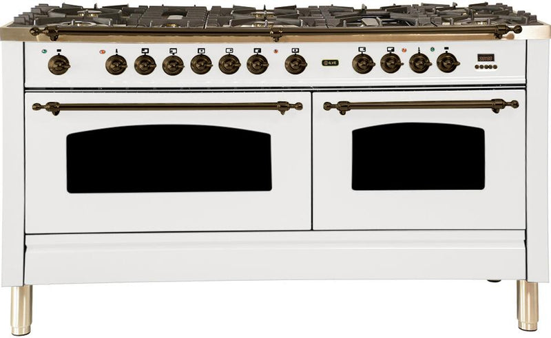 ILVE 60" Nostalgie - Dual Fuel Range with 8 Sealed Burners - 5.99 cu. ft. Oven - Griddle with Bronze Trim in White (UPN150FDMPBY)