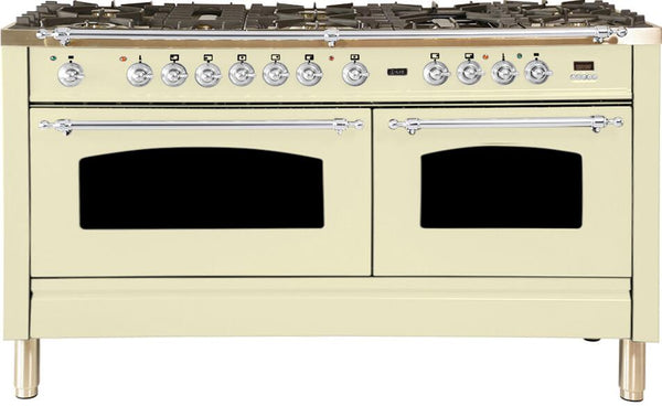 ILVE 60" Nostalgie - Dual Fuel Range with 8 Sealed Burners - 5.99 cu. ft. Oven - Griddle with Chrome Trim in Antique White (UPN150FDMPAX)