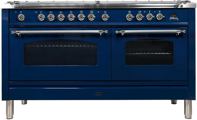 ILVE 60" Nostalgie - Dual Fuel Range with 8 Sealed Burners - 5.99 cu. ft. Oven - Griddle with Chrome Trim in Blue (UPN150FDMPBLX)