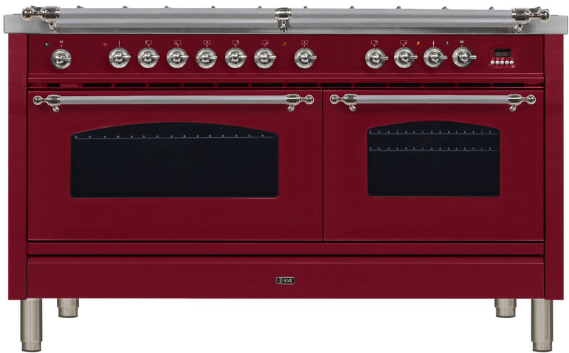 ILVE 60" Nostalgie - Dual Fuel Range with 8 Sealed Burners - 5.99 cu. ft. Oven - Griddle with Chrome Trim in Burgundy (UPN150FDMPRBX)