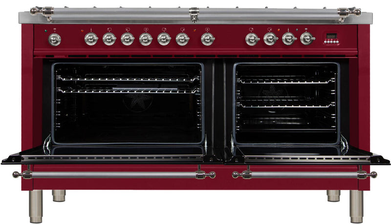 ILVE 60" Nostalgie - Dual Fuel Range with 8 Sealed Burners - 5.99 cu. ft. Oven - Griddle with Chrome Trim in Burgundy (UPN150FDMPRBX)