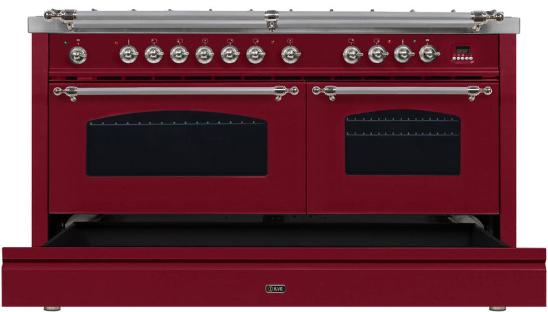 ILVE 60" Nostalgie - Dual Fuel Range with 8 Sealed Burners - 5.99 cu. ft. Oven - Griddle with Chrome Trim in Burgundy (UPN150FDMPRBX)