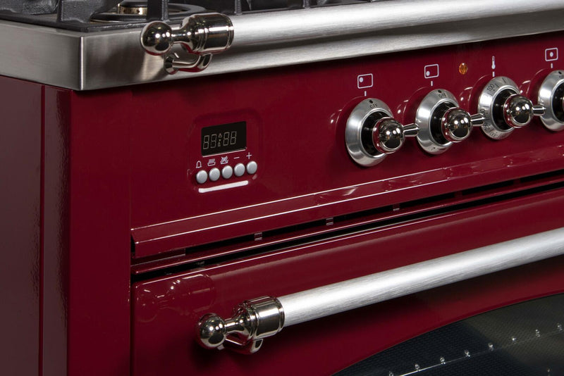 ILVE 60" Nostalgie - Dual Fuel Range with 8 Sealed Burners - 5.99 cu. ft. Oven - Griddle with Chrome Trim in Burgundy (UPN150FDMPRBX)