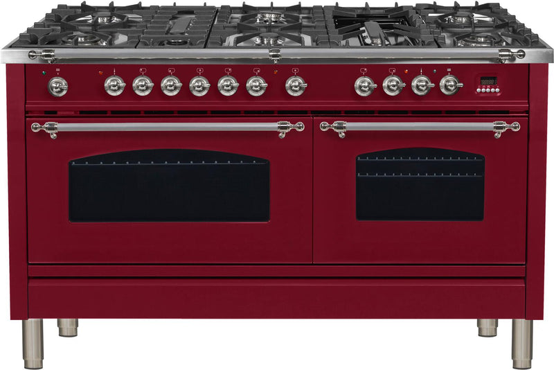 ILVE 60" Nostalgie - Dual Fuel Range with 8 Sealed Burners - 5.99 cu. ft. Oven - Griddle with Chrome Trim in Burgundy (UPN150FDMPRBX)