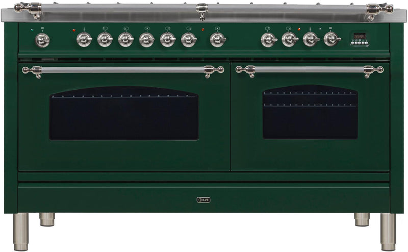 ILVE 60" Nostalgie - Dual Fuel Range with 8 Sealed Burners - 5.99 cu. ft. Oven - Griddle with Chrome Trim in Emerald Green (UPN150FDMPVSX)