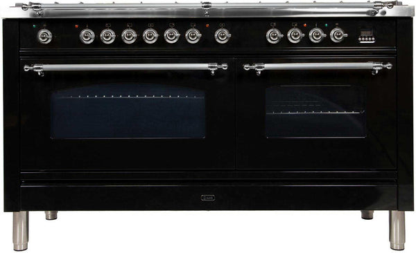 ILVE 60" Nostalgie - Dual Fuel Range with 8 Sealed Burners - 5.99 cu. ft. Oven - Griddle with Chrome Trim in Glossy Black (UPN150FDMPNX)