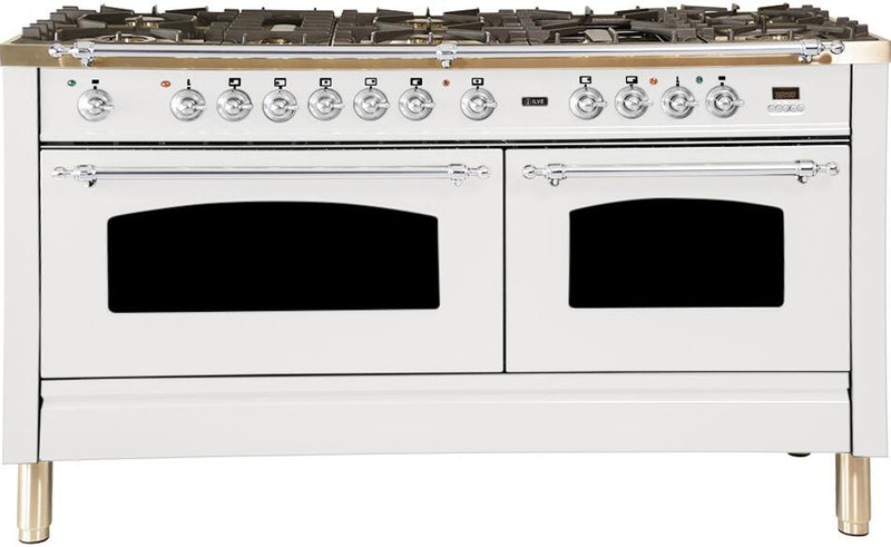 ILVE 60" Nostalgie - Dual Fuel Range with 8 Sealed Burners - 5.99 cu. ft. Oven - Griddle with Chrome Trim in White (UPN150FDMPBX)