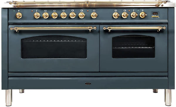 ILVE 60" Nostalgie Series Freestanding Double Oven Dual Fuel Range with 8 Sealed Burners and Griddle in Blue Grey with Brass Trim (UPN150FDMPGU)