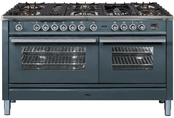 ILVE 60" Professional Plus Series Freestanding Double Oven Duel Fuel Range with 8 Sealed Burners in Blue Grey with Chrome Trim (UPW150FDMPGU)