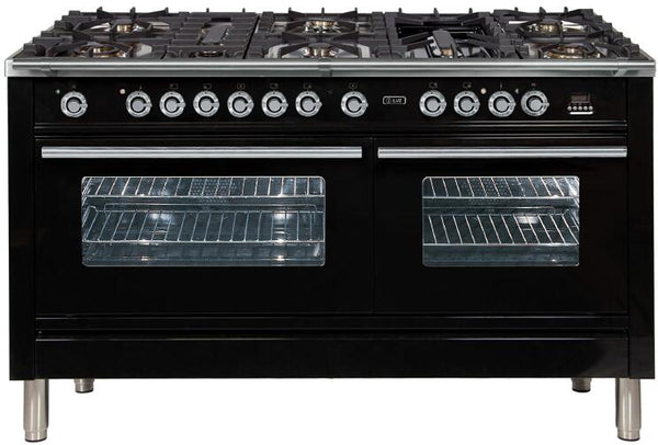 ILVE 60" Professional Plus Series Freestanding Double Oven Duel Fuel Range with 8 Sealed Burners in Glossy Black with Chrome Trim (UPW150FDMPN)