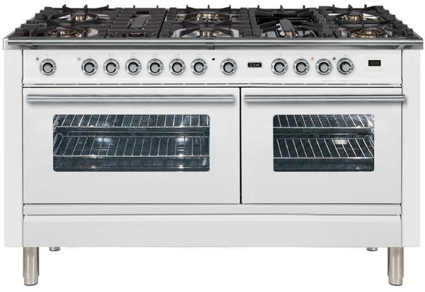 ILVE 60" Professional Plus Series Freestanding Double Oven Duel Fuel Range with 8 Sealed Burners in White with Chrome Trim (UPW150FDMPB)